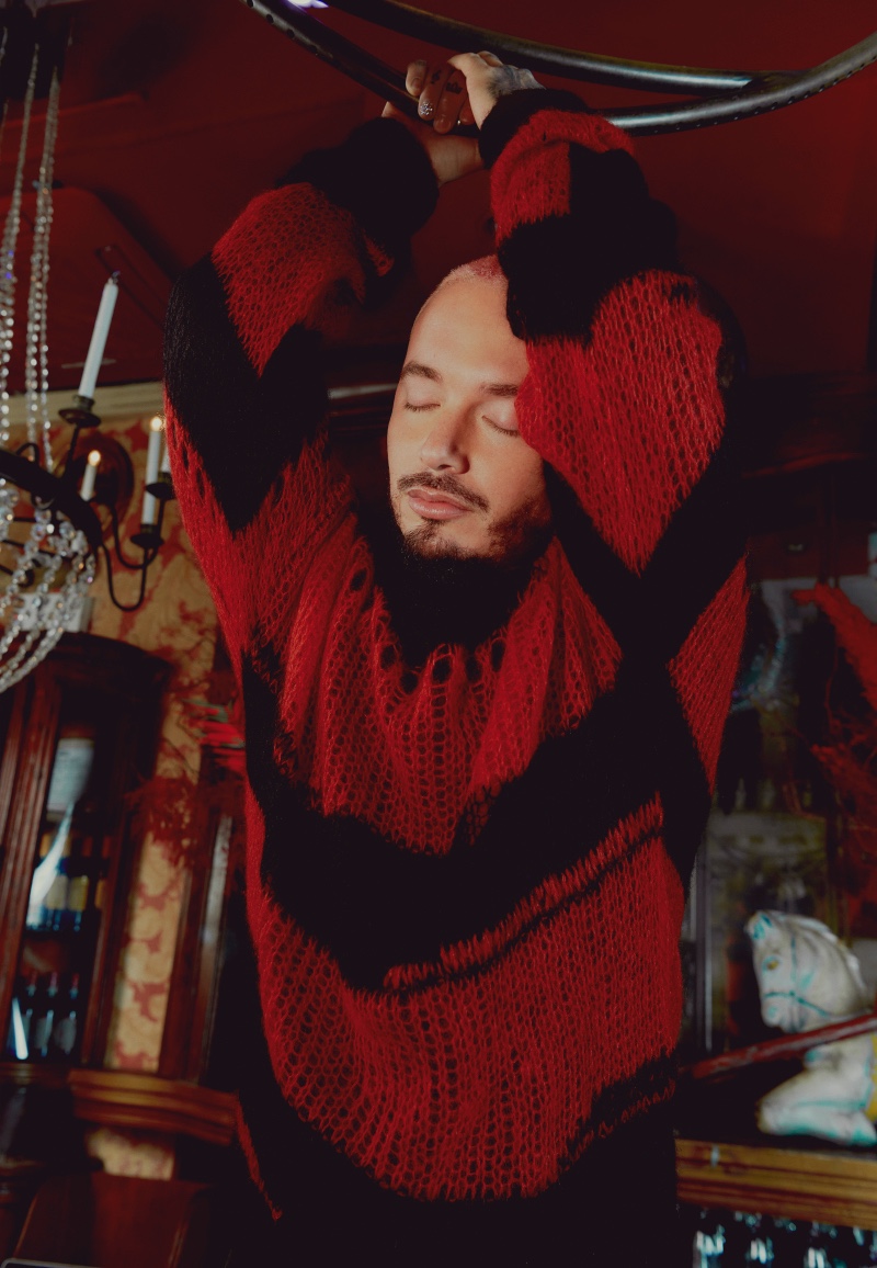 J Balvin Red Black Sweater SSENSE Photoshoot 2022
