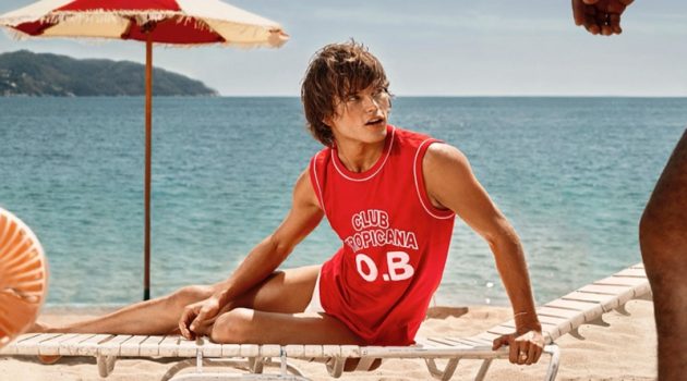 Jordan Barrett Hits the Beach in Orlebar Brown x Wham! Capsule Jordan Barrett Model Orlebar Brown x Wham! Campaign