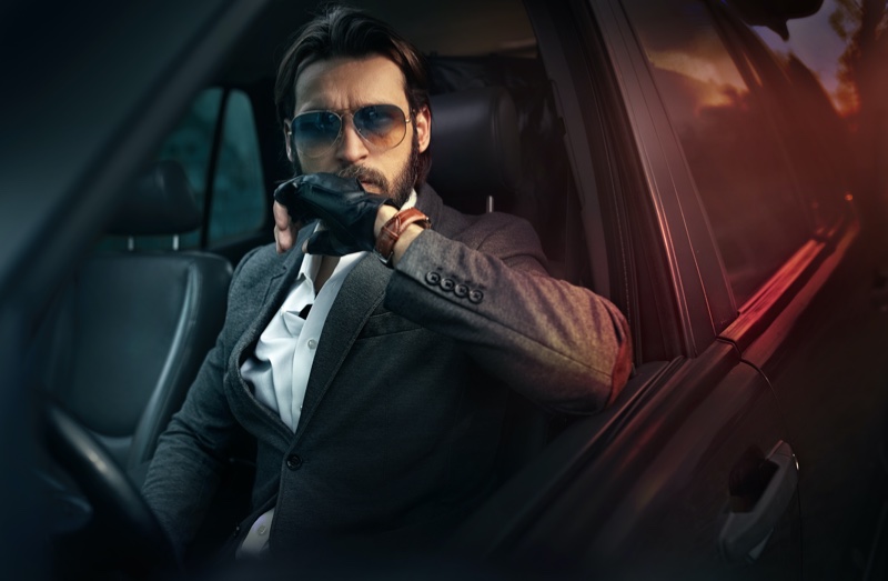 Male Model Car Sunglasses Suit Driving