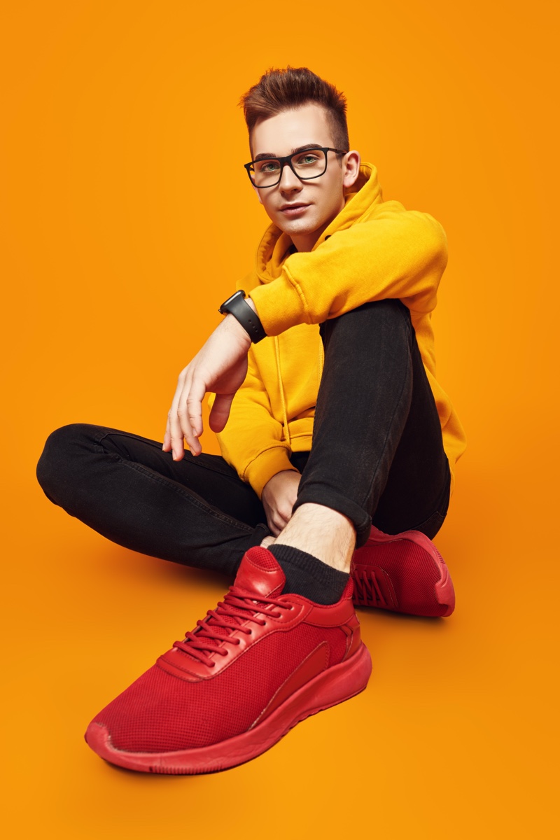 Man Red Sneakers Yellow Hoodie