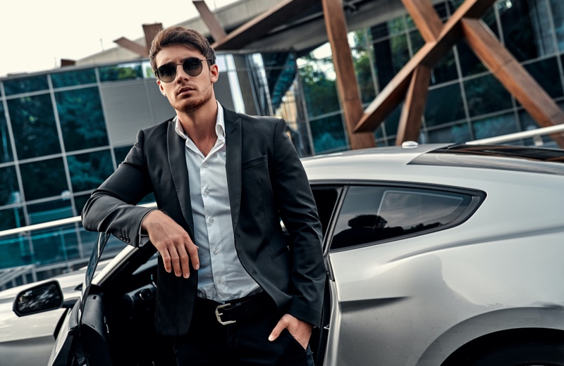 Man Suit Sunglasses Posing Next Car