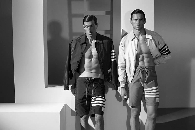 Richard Phibbs photographs Juan Heredia and Giacomo Cavalli for Thom Browne's swimwear campaign.