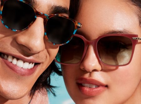 Pictured left, Adarsh Jaikarran makes a statement in Warby Parker's Kian sunglasses in Teal Tortoise with Polished Gold. Pictured right are the brand's Vela sunglasses in Terracotta with Polished Gold.