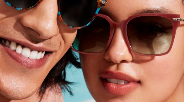 Pictured left, Adarsh Jaikarran makes a statement in Warby Parker's Kian sunglasses in Teal Tortoise with Polished Gold. Pictured right are the brand's Vela sunglasses in Terracotta with Polished Gold.