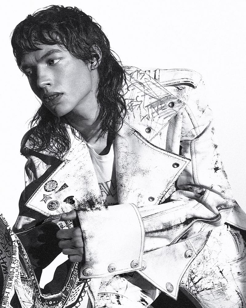 Reilly Patton Model Balmain Campaign Pre-fall 2022 White Leather Biker Jacket