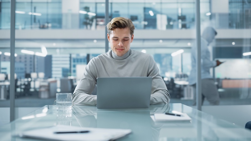 Blond Male Turtleneck Sweater Laptop Office Blond Male Turtleneck Sweater Laptop Office