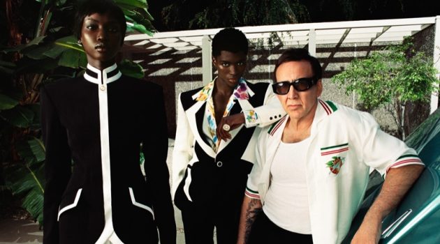 Nicolas Cage & Alton Mason Front Casablanca Fall '22 Campaign Anok Yai Alton Mason Nicolas Cage Casablanca Campaign Fall 2022