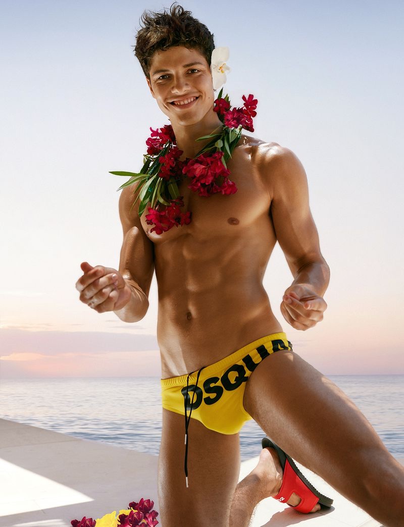 Nacho Penín Model Shirtless Dsquared2 Summer 2022 Beachwear Campaign Yellow Swimsuit