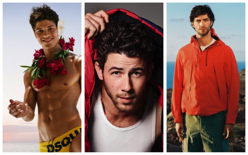 Nacho Penín for Dsquared2 beachwear campaign, Nick Jonas for Perfect Moment, Matthew Bell for Mango Man.