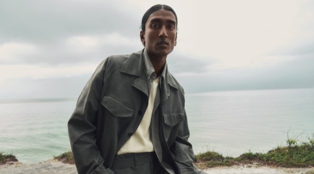 Lemaire & Mytheresa Launch Exclusive Collection of Essentials Embracing chromatic dressing, Francois Delacroix models a cotton canvas shirt jacket with straight-leg canvas pants from the LEMAIRE x Mytheresa collection.