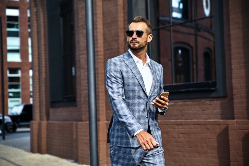 Male Model Checkered Blue Suit Walking Male Model Checkered Blue Suit Walking