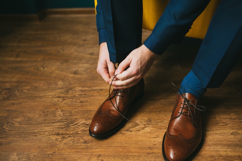Man Tying Dress Shoes Leather Brown Man Tying Dress Shoes Leather Brown