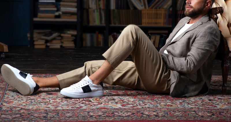 Man Wearing Smart Style Chinos White Sneakers