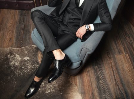Man in Suit Wearing Leather Dress Shoes Black