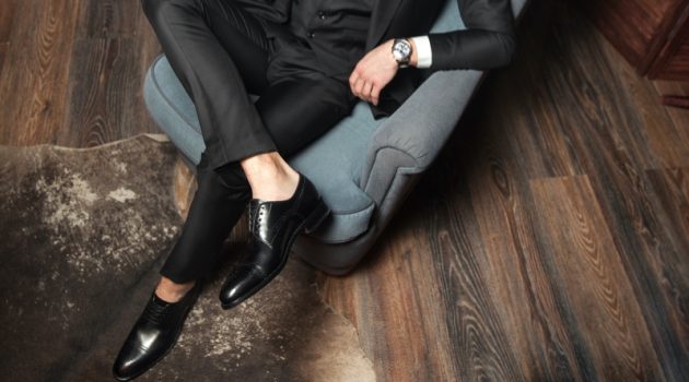 Man in Suit Wearing Leather Dress Shoes Black