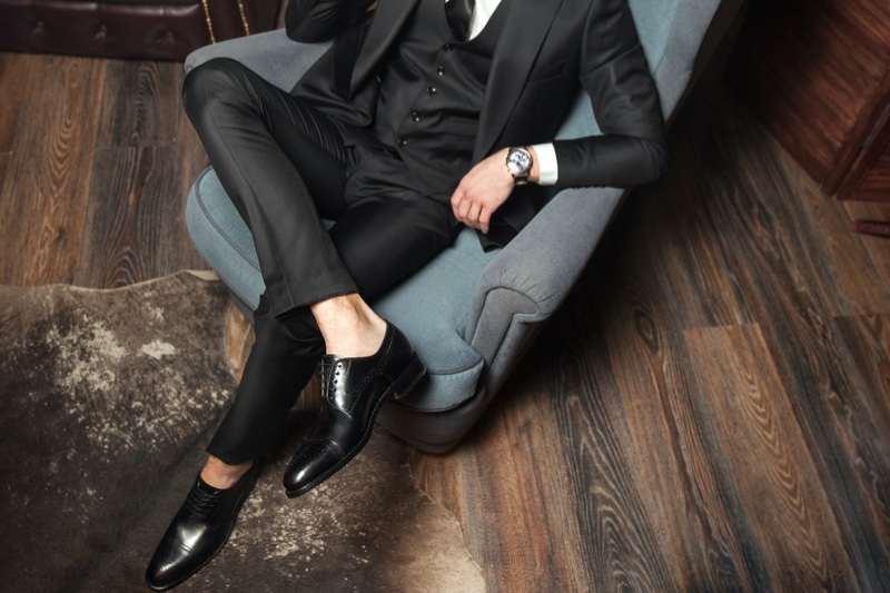 Man in Suit Wearing Leather Dress Shoes Black