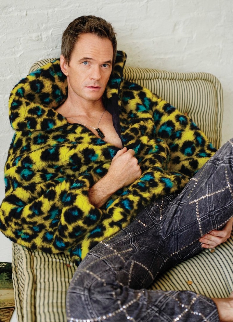 Neil Patrick Harris 2022 Out Magazine Photoshoot Cheetah Print Versace Jacket Diesel Rhinestone Denim Jeans