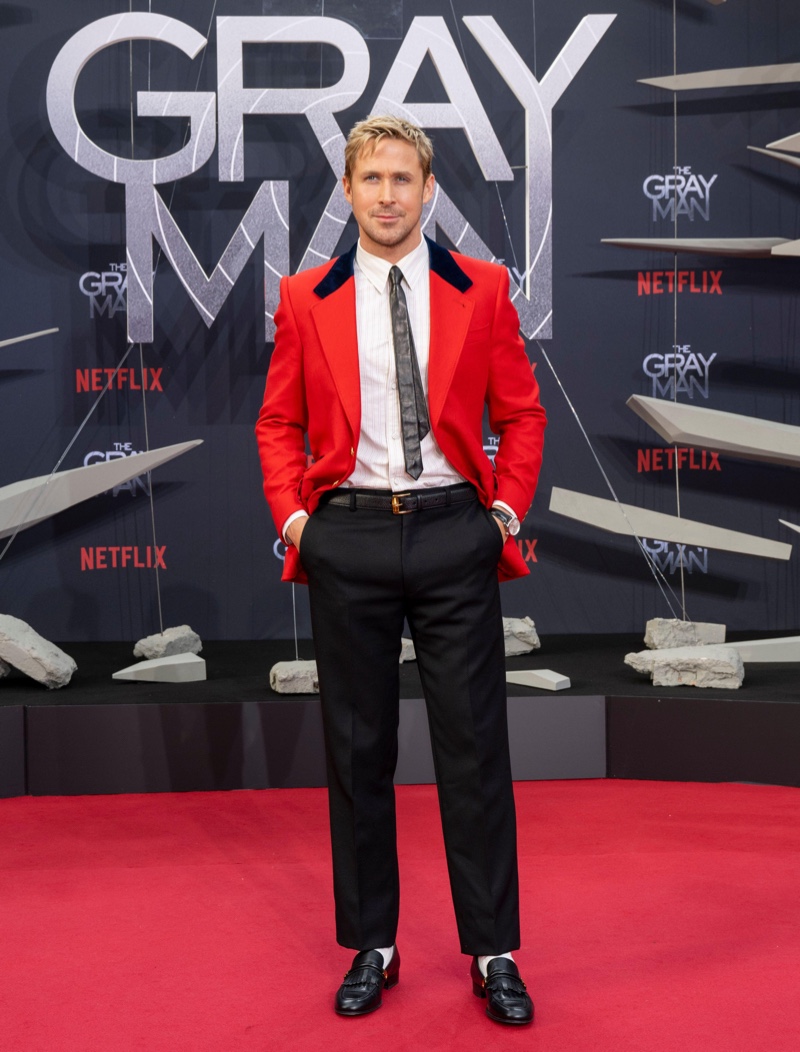 Ryan Gosling Red Suit Jacket Gucci Berlin Germany The Gray Man Screening 2022