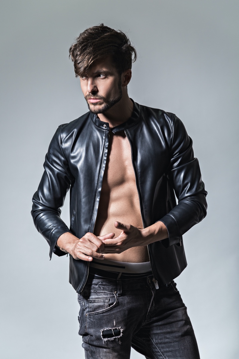 Shirtless Male Model Leather Jacket