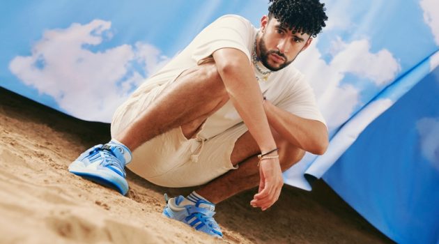 Bad Bunny & adidas Wants to Fly You to Puerto Rico Bad Bunny adidas Baby Blue Forum Sneakers 2022 Photoshoot