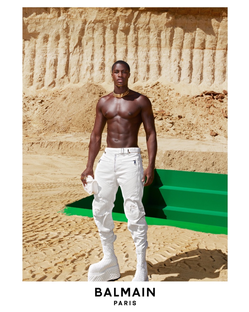 Mukasa Kakonge Model Shirtless Balmain Campaign Men Fall 2022 White Pants