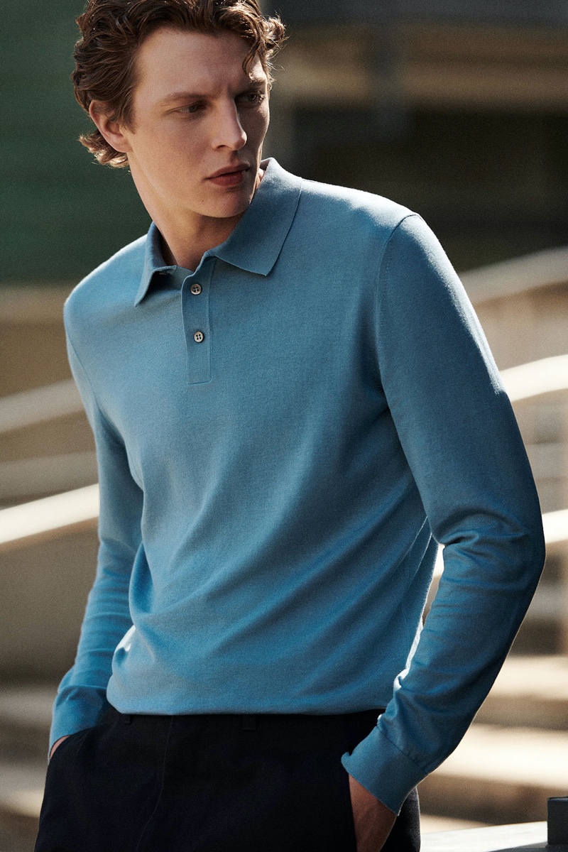 In the spotlight for COS, Tim Schuhmacher wears a long-sleeve, slim-fit silk-blend polo. 