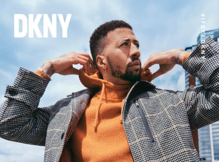 DKNY Campaign Men Fall 2022 Miles Chamley-Watson Orange Sweater Herringbone Coat