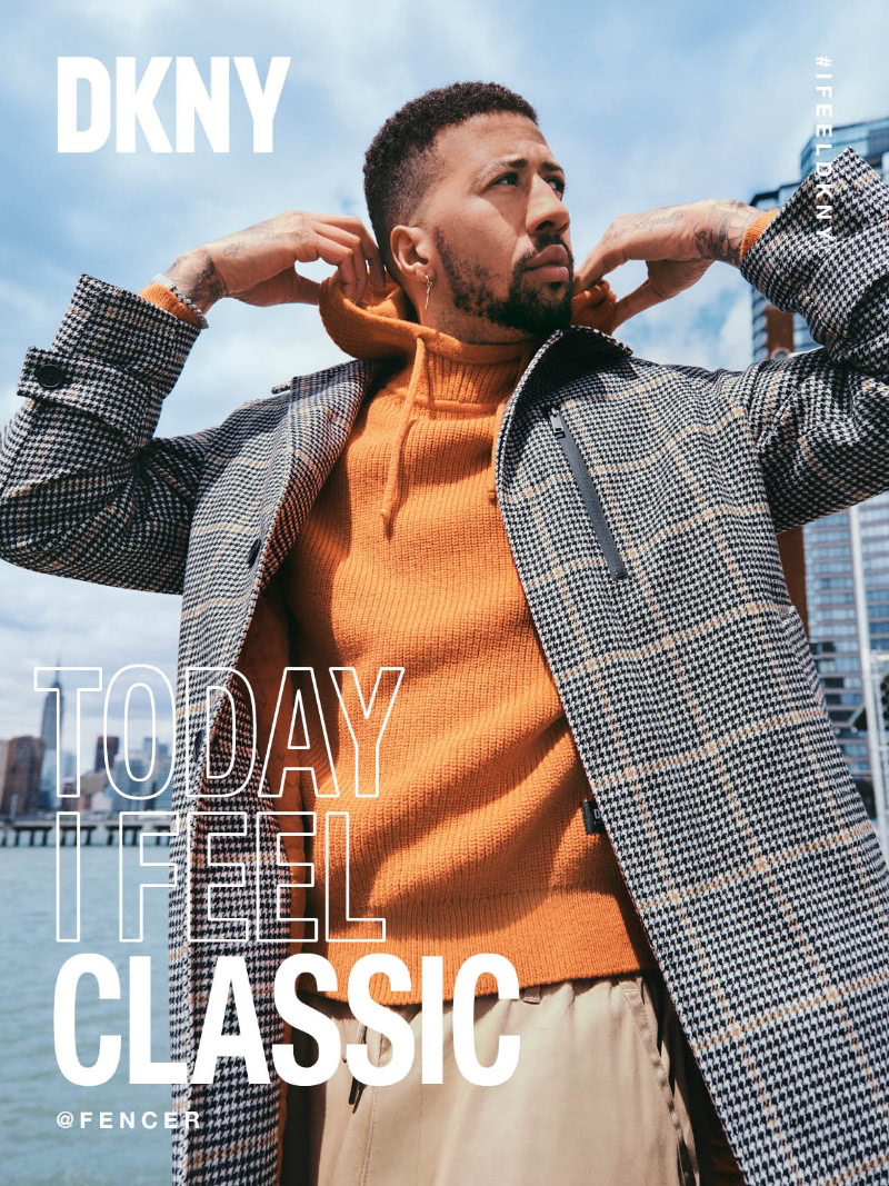 DKNY Campaign Men Fall 2022 Miles Chamley-Watson Orange Sweater Herringbone Coat