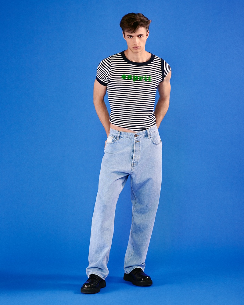 Esprit Denim Campaign Fall 2022 Ondrej Mokoš Model Striped T-shirt » Let Loose: Esprit Spotlights Denim for Fall '22 Campaign Esprit Denim Campaign Fall 2022 Ondrej Mokoš Model Striped T-shirt