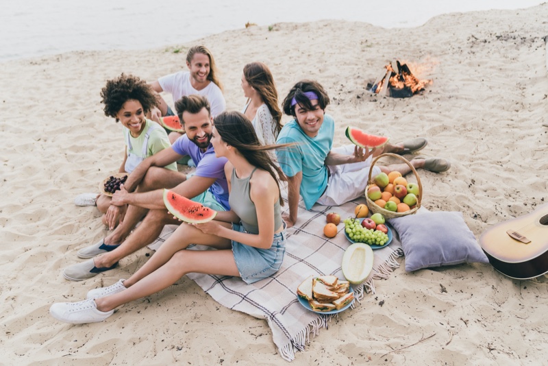 Group Friends Eating Food Beach