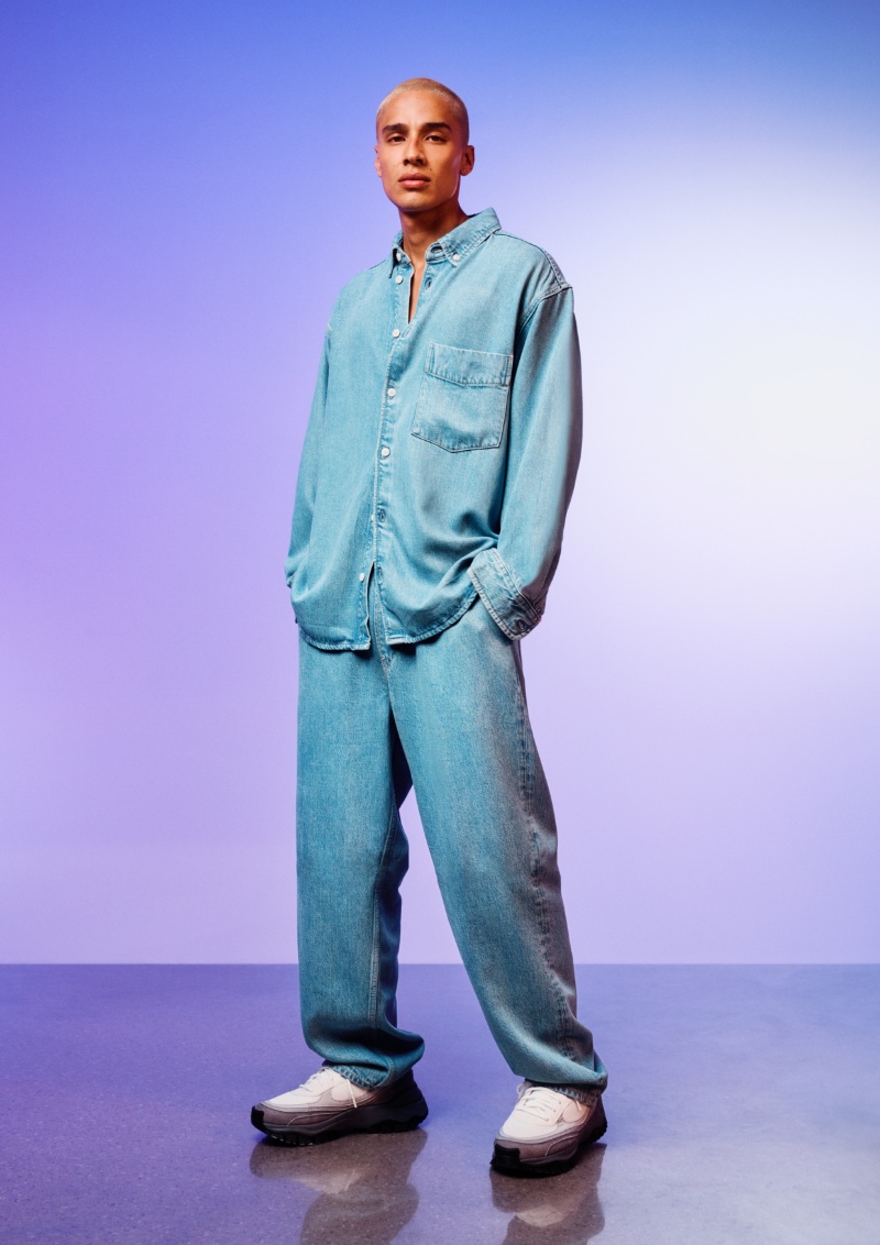 H&M Men 2022 Denim Shirt Oversized Loose Wide-cut Baggy Jeans Alan Soule Model
