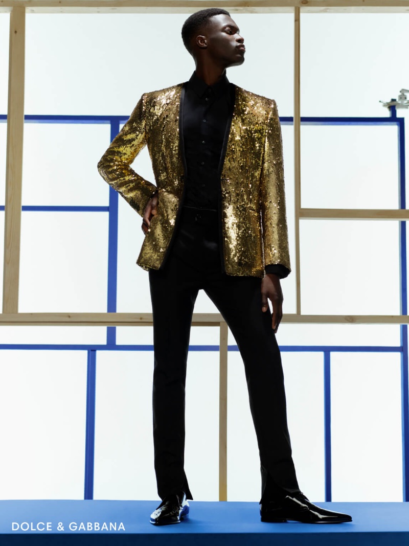 Franck-Olivier Égalité sparkles in a gold sequin suit jacket by Dolce & Gabbana. Photo Credit: Holt Renfrew