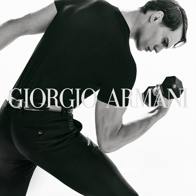 Giorgio Armani Campaign Men Fall 2022 Julian Schneyder Model Dumbbell Black Clothes