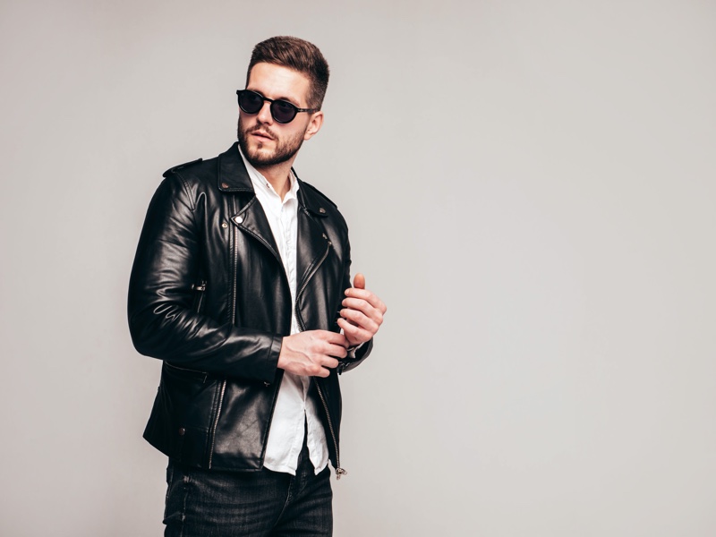 Male Model Black Leather Jacket Sunglasses Studio