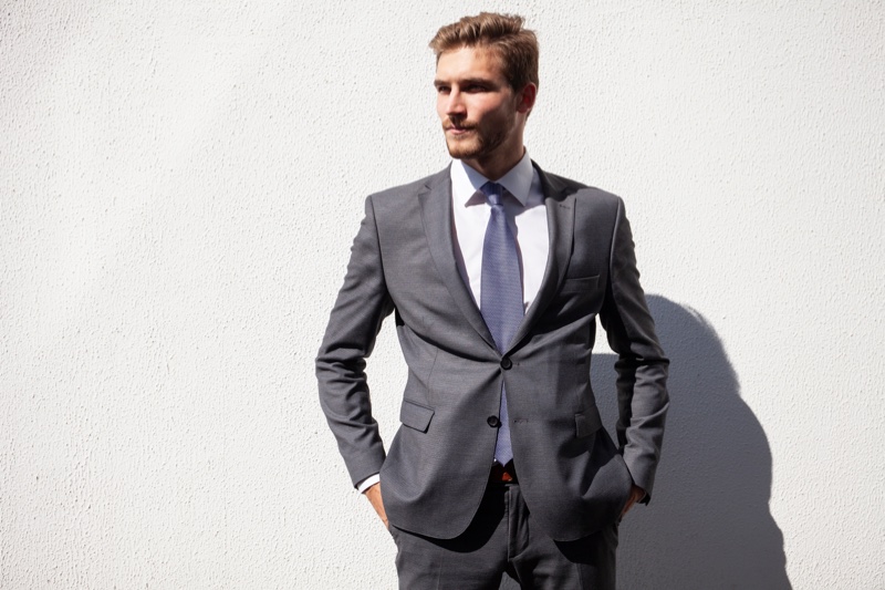 Male Model Grey Suit Blue Tie