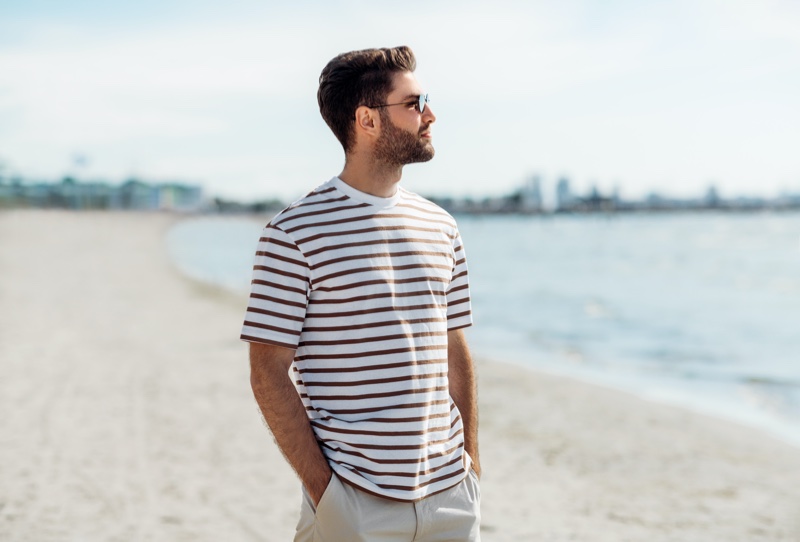 Male Model Striped Shirt Beach Day