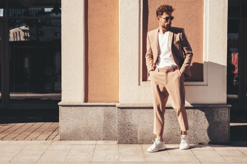 Male Model Suit Jacket Pants Whtie Tee Sneakers