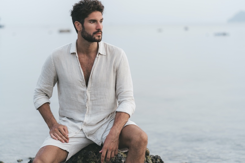 Male Model White Linen Shirt Shorts Beach