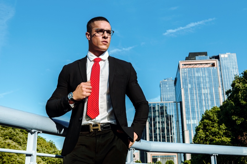 Man Black Suit Red Polka Dot Tie City