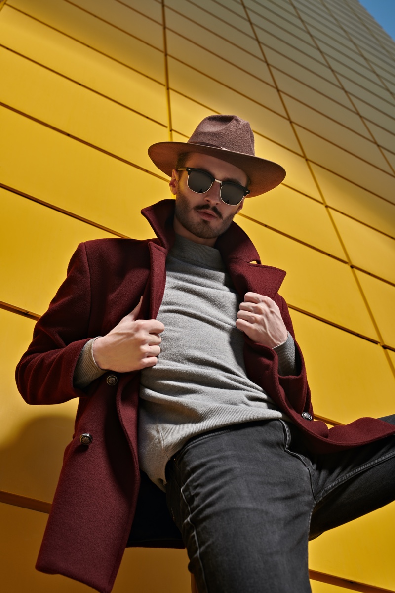 Man Coat Fedora Hat Jeans Sweater Sunglasses Man Coat Fedora Hat Jeans Sweater Sunglasses