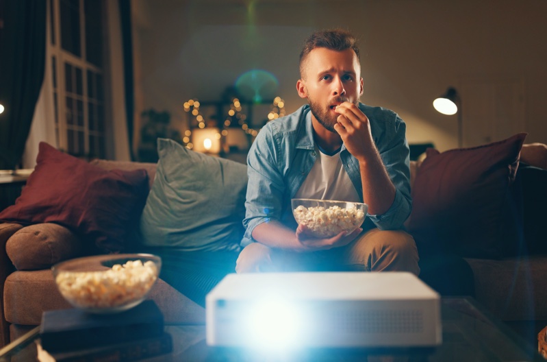 Man Watching Movie Home Popcorn