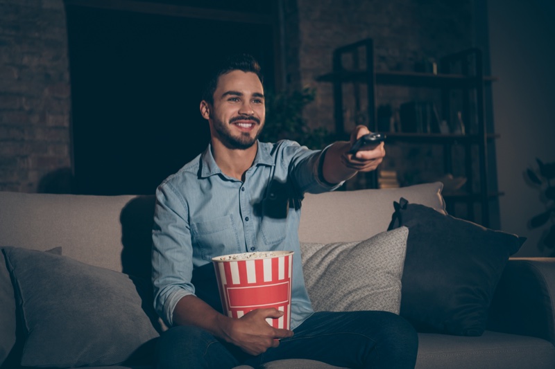 Man Watching Movie Popcorn Remote Man Watching Movie Popcorn Remote
