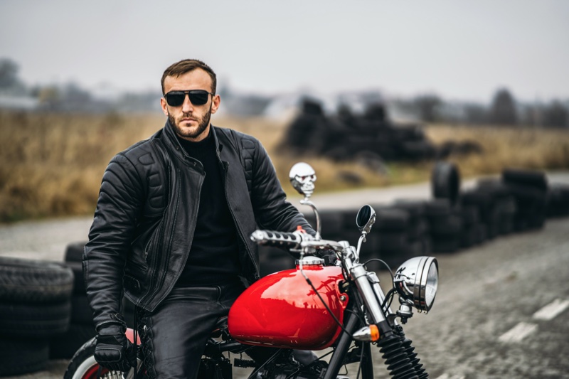 Rugged Man Leather Jacket Red Bike Road