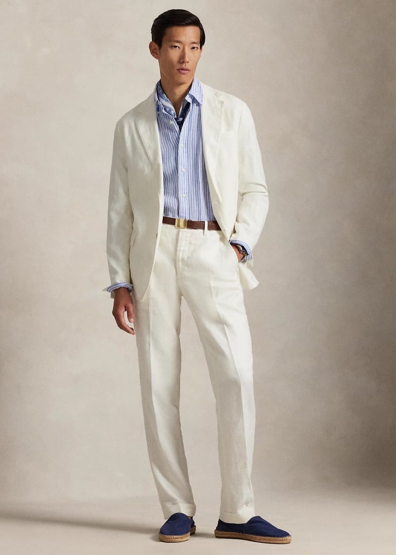 Cream suit linen suit with striped blue shirt and navy espadrilles from Polo Ralph Lauren