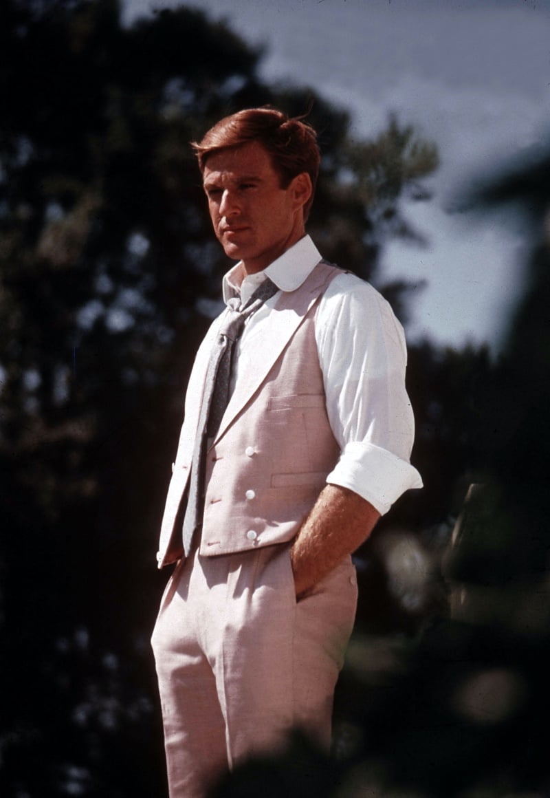 Robert Redford pink waistcoat with rolled shirtsleeves Great Gatsby 1974
