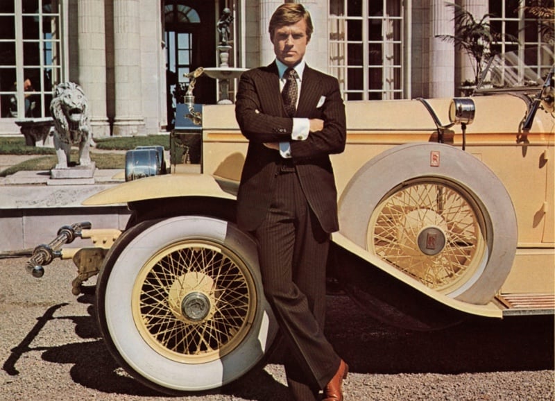 Robert Redford pinstripe suit beside Rolls-Royce Great Gatsby 1974