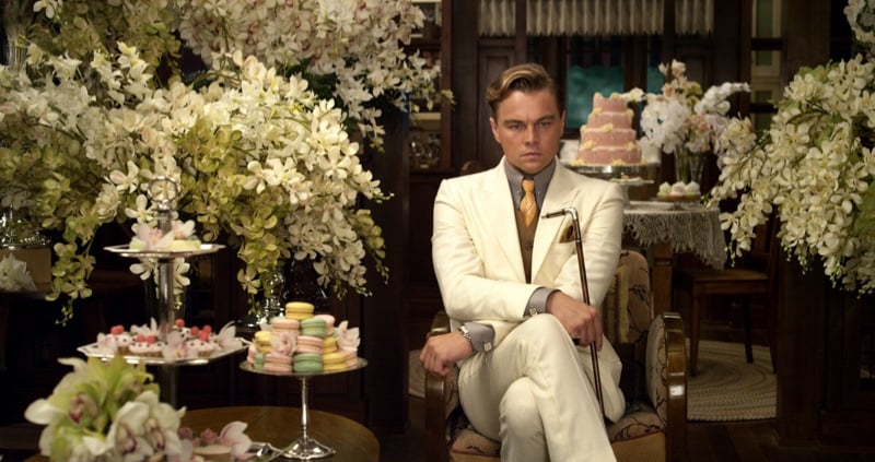 Leonardo DiCaprio cream suit and gold tie Great Gatsby 2013