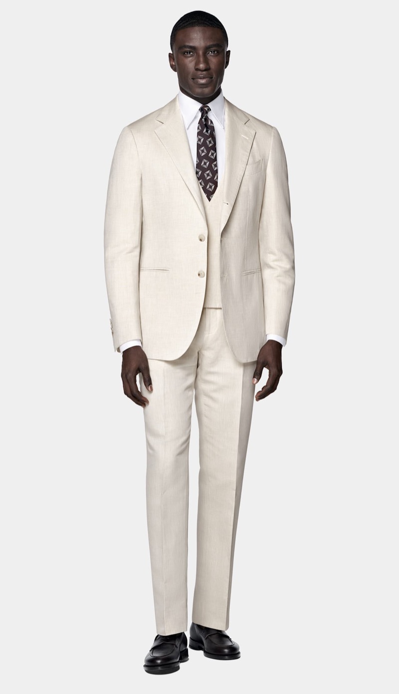 three-piece suit in sand color from Suit Supply