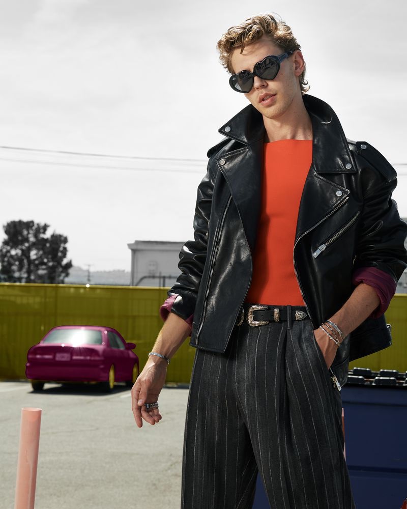 Austin Butler Moschino Heart Sunglasses Versace Leather Jacket VMAN Photoshoot 2022