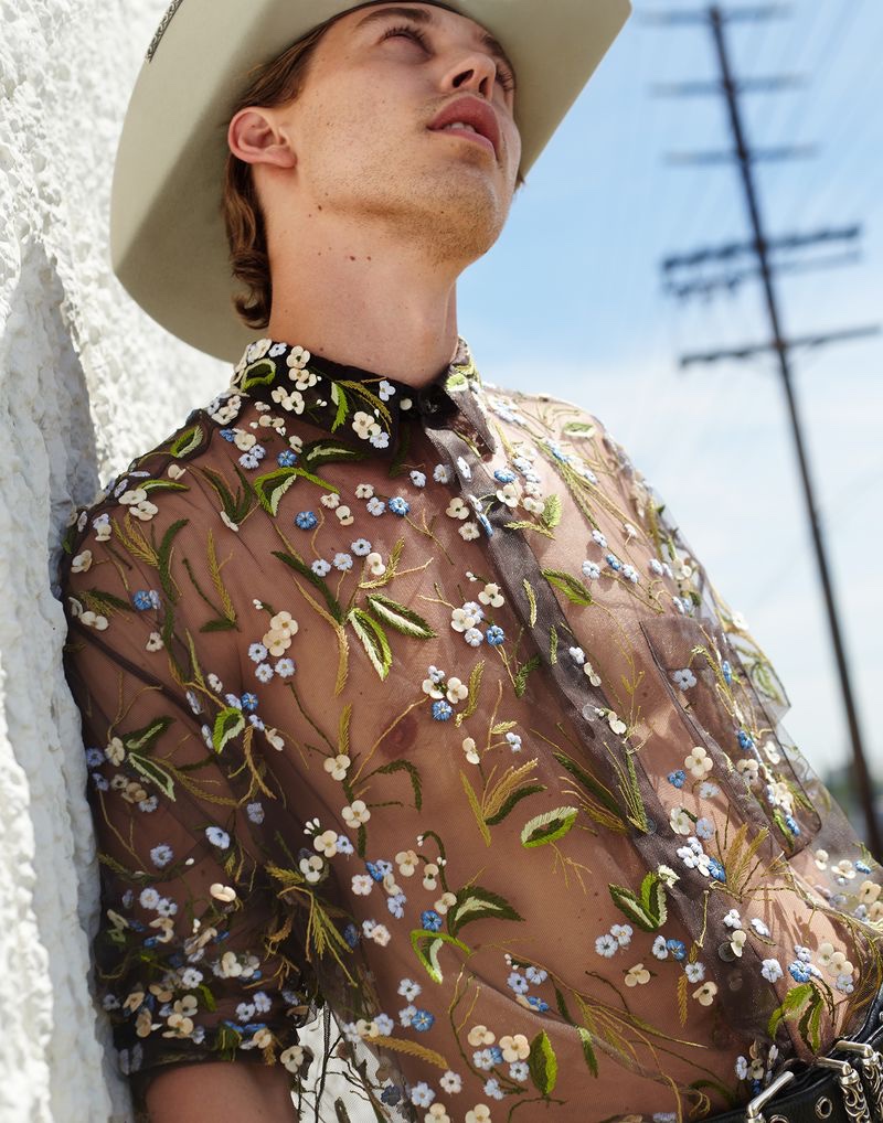 Austin Butler Sheer Floral Shirt VMAN 2022 Photoshoot » Austin Butler Sports Bold Style for VMAN, Talks 'Elvis' Austin Butler Sheer Floral Shirt VMAN 2022 Photoshoot